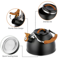 Whistling tea kettle on stove top emitting whistle signal