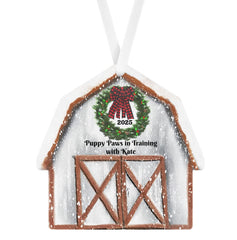 White Barn personalized Christmas ornament front view