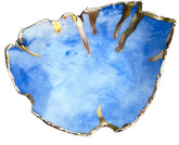 White blue and gold marbled ceramic ring dish close up