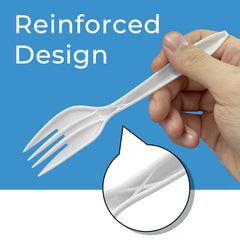white disposable plastic forks arranged for large gatherings