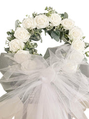 White Roses and Lambs Ear Veil Wedding Wreath with 12 white foam roses on lambs ear