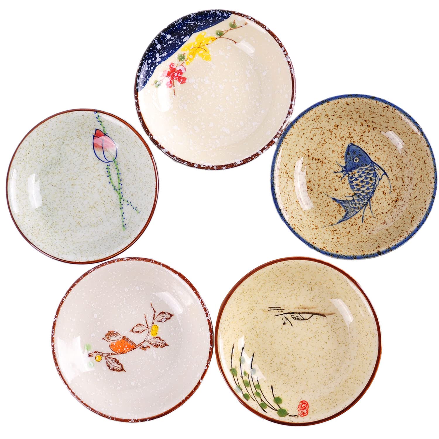 WHJY Japanese Retro Porcelain Side Dish Set5 floral pattern bowls 10x2.5cm