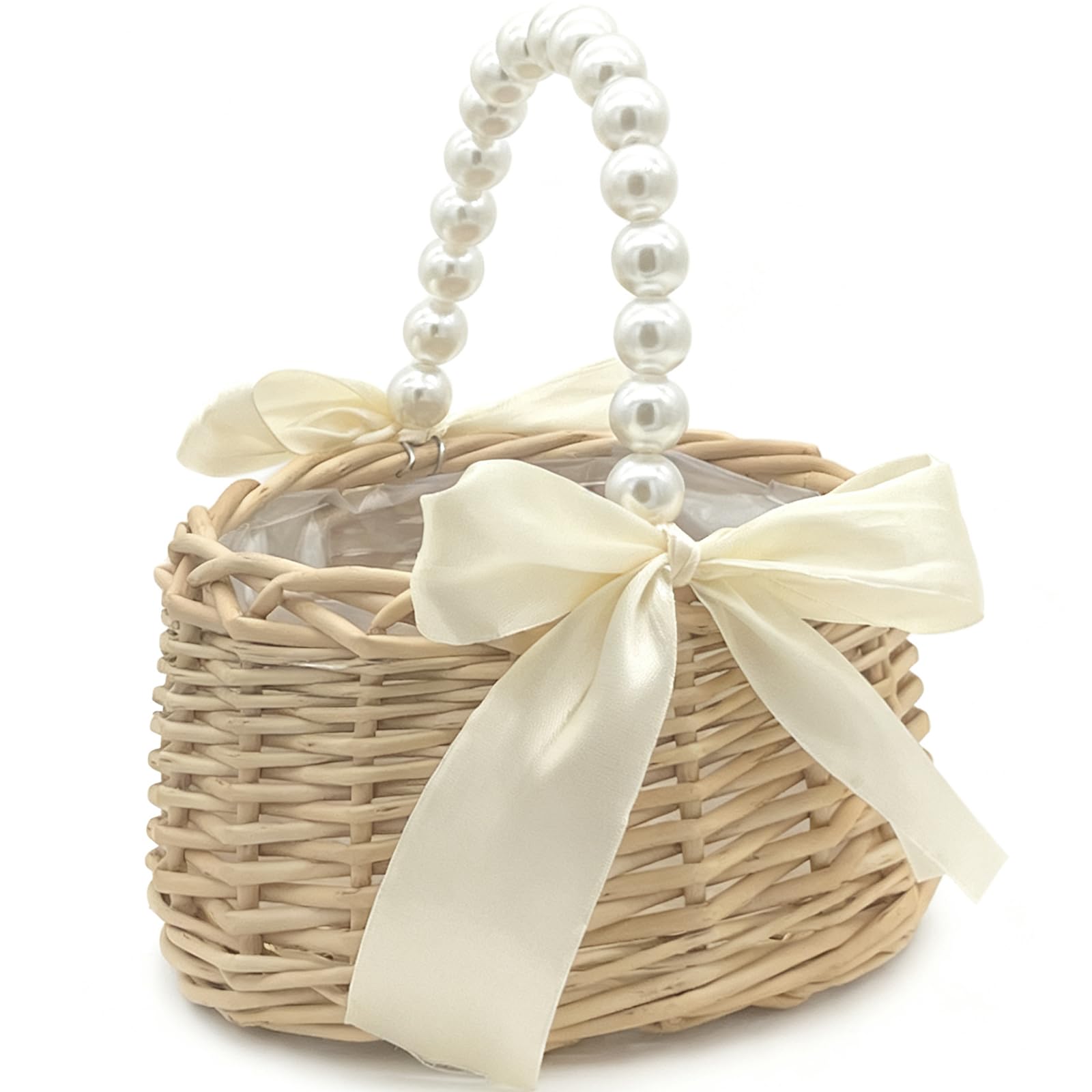 Wicker rattan flower girl basket with pearl handle