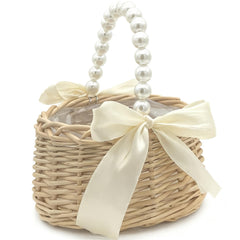Wicker rattan flower girl basket with pearl handle