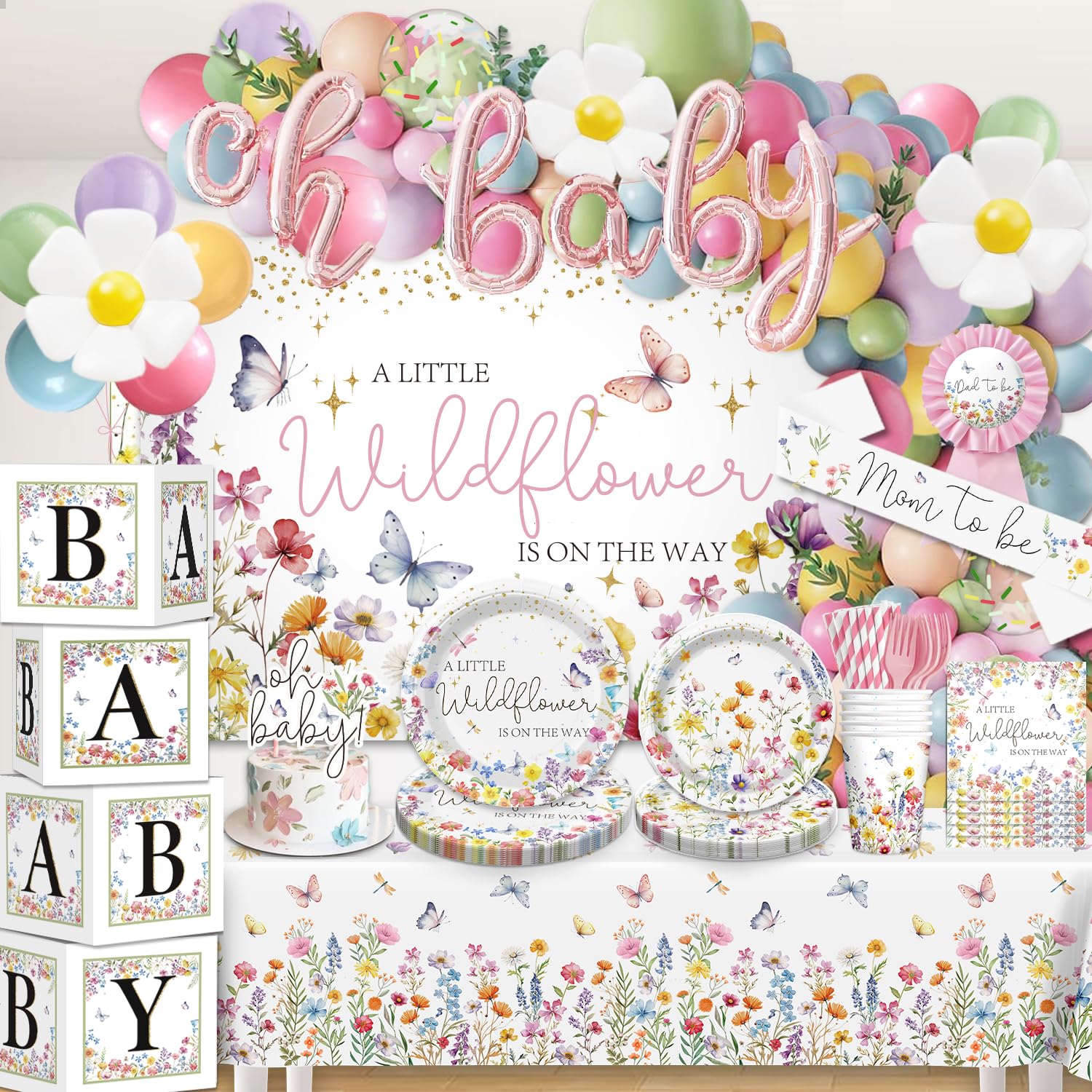Wildflower baby shower decorations kit including balloons and cake topper