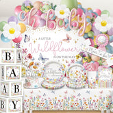 Wildflower baby shower decorations kit including balloons and cake topper
