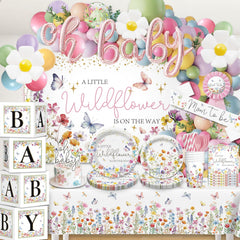 Wildflower baby shower decorations kit including balloons and cake topper