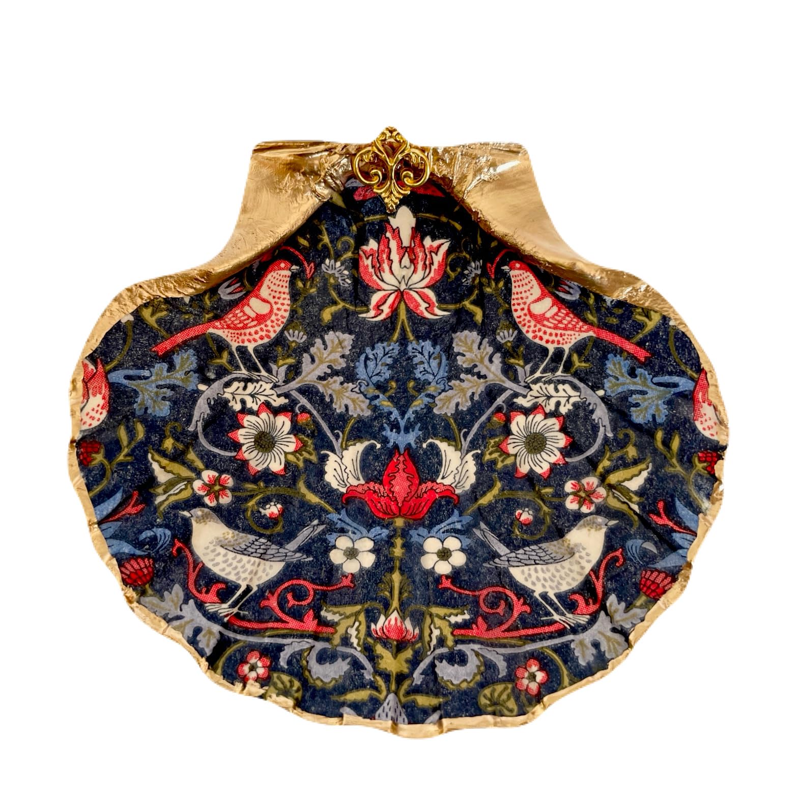William Morris shell jewelry tray with Strawberry Thief design