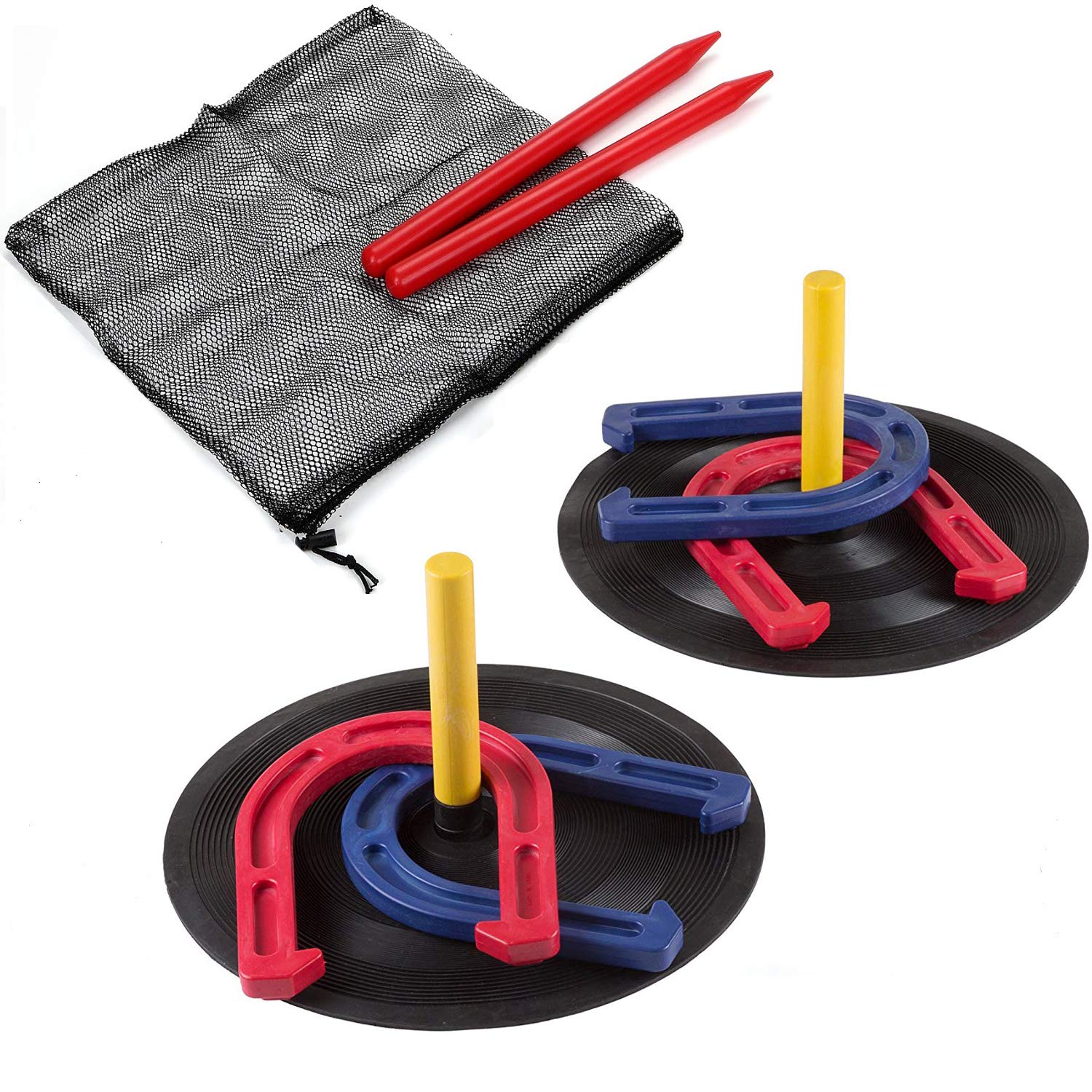 Win SPORTS rubber horseshoes game set with red and blue shoes