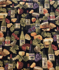 Print shows wine bottles grapes and cheese on black background