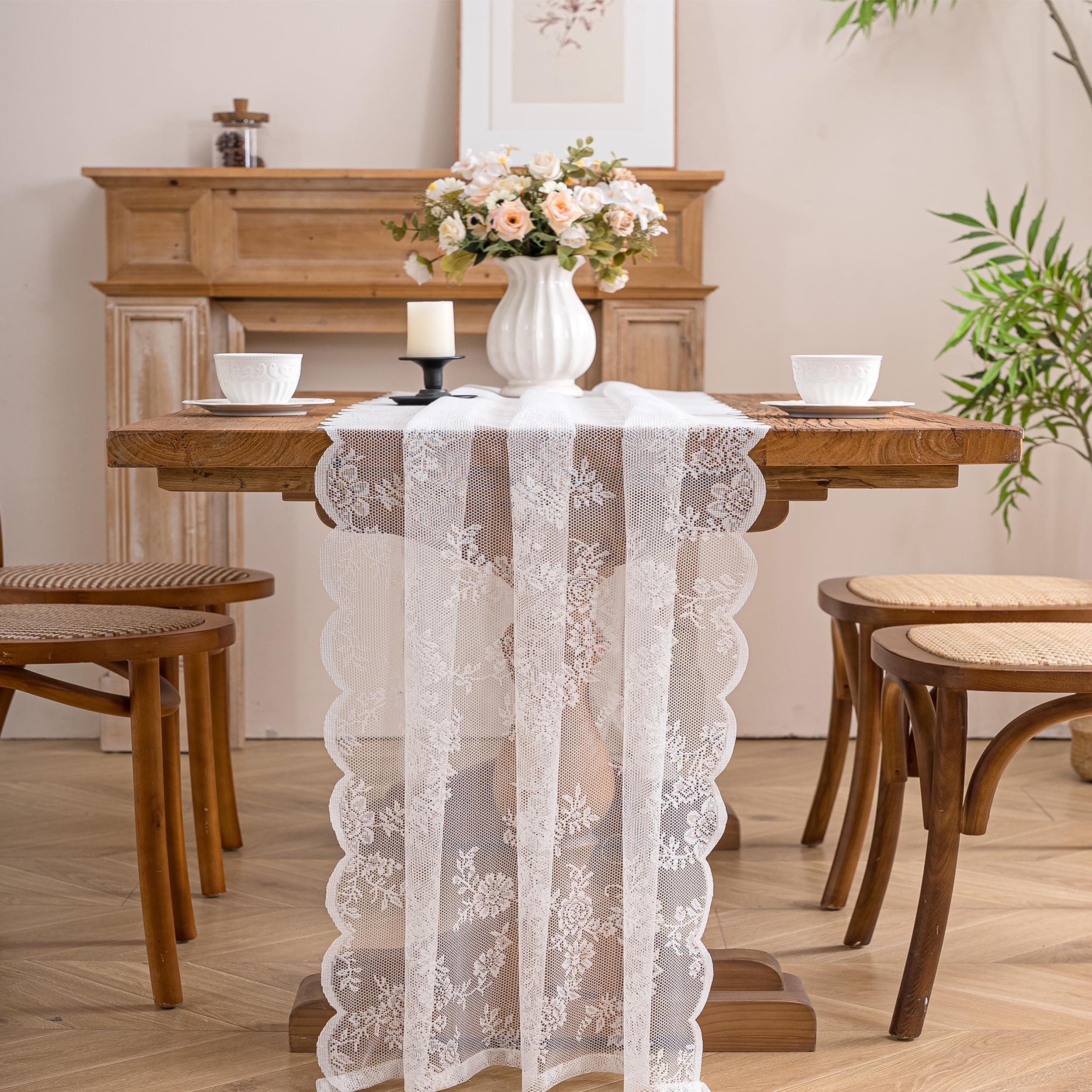 Winotic white lace table runner with floral embroidery