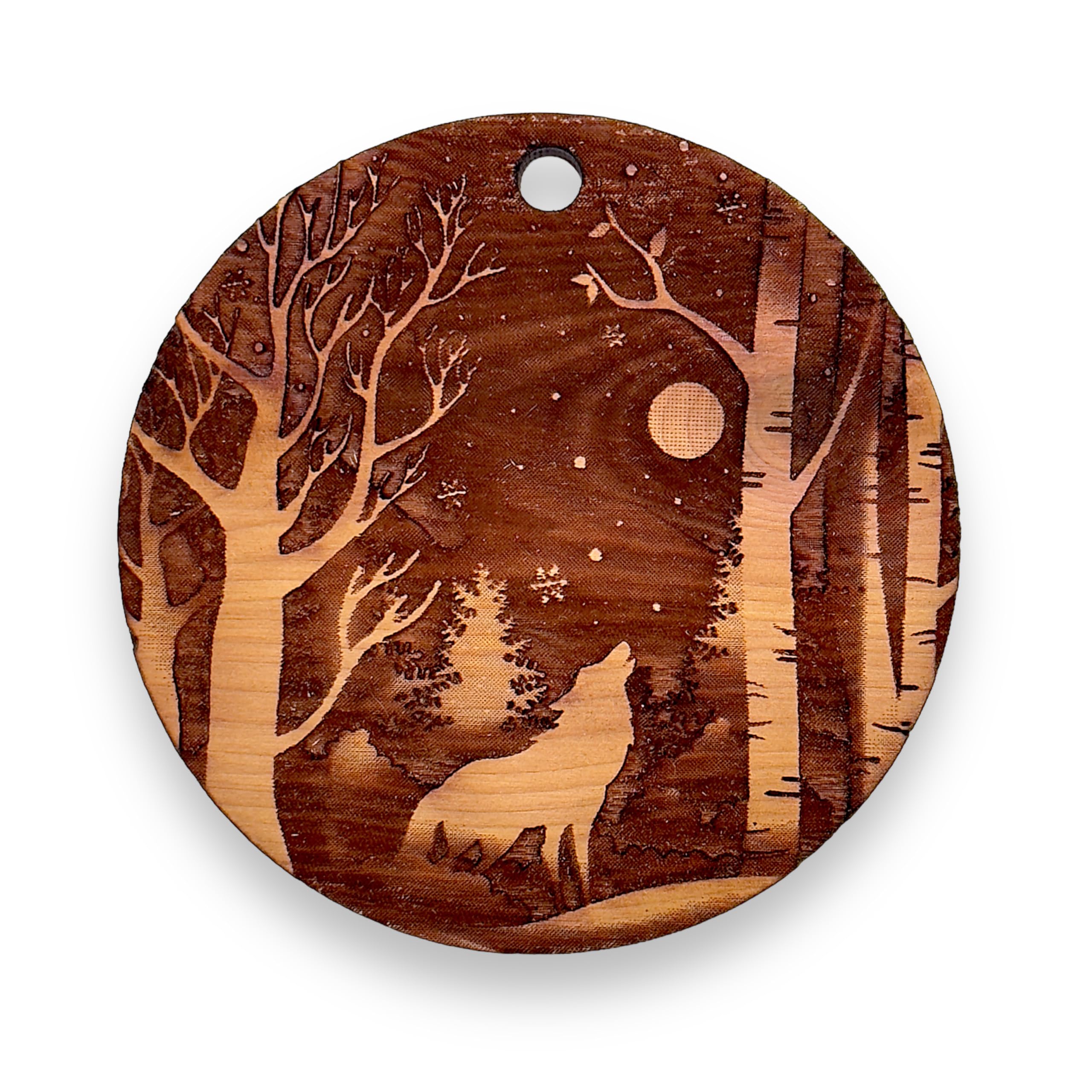Winter Wolf raw cedar ornament 3x3in front view