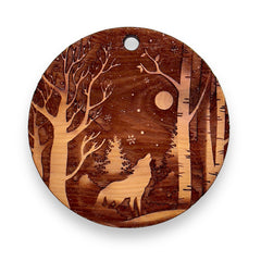 Winter Wolf raw cedar ornament 3x3in front view