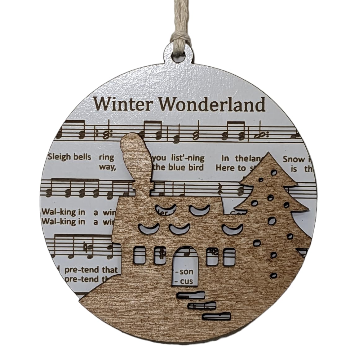 Winter Wonderland House Christmas Ornament 3.5 inch natural wood cottage silhouette with sheet music backdrop