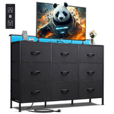WLIVE black dresser TV stand front view with 9 fabric drawers