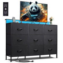 WLIVE black dresser TV stand front view with 9 fabric drawers