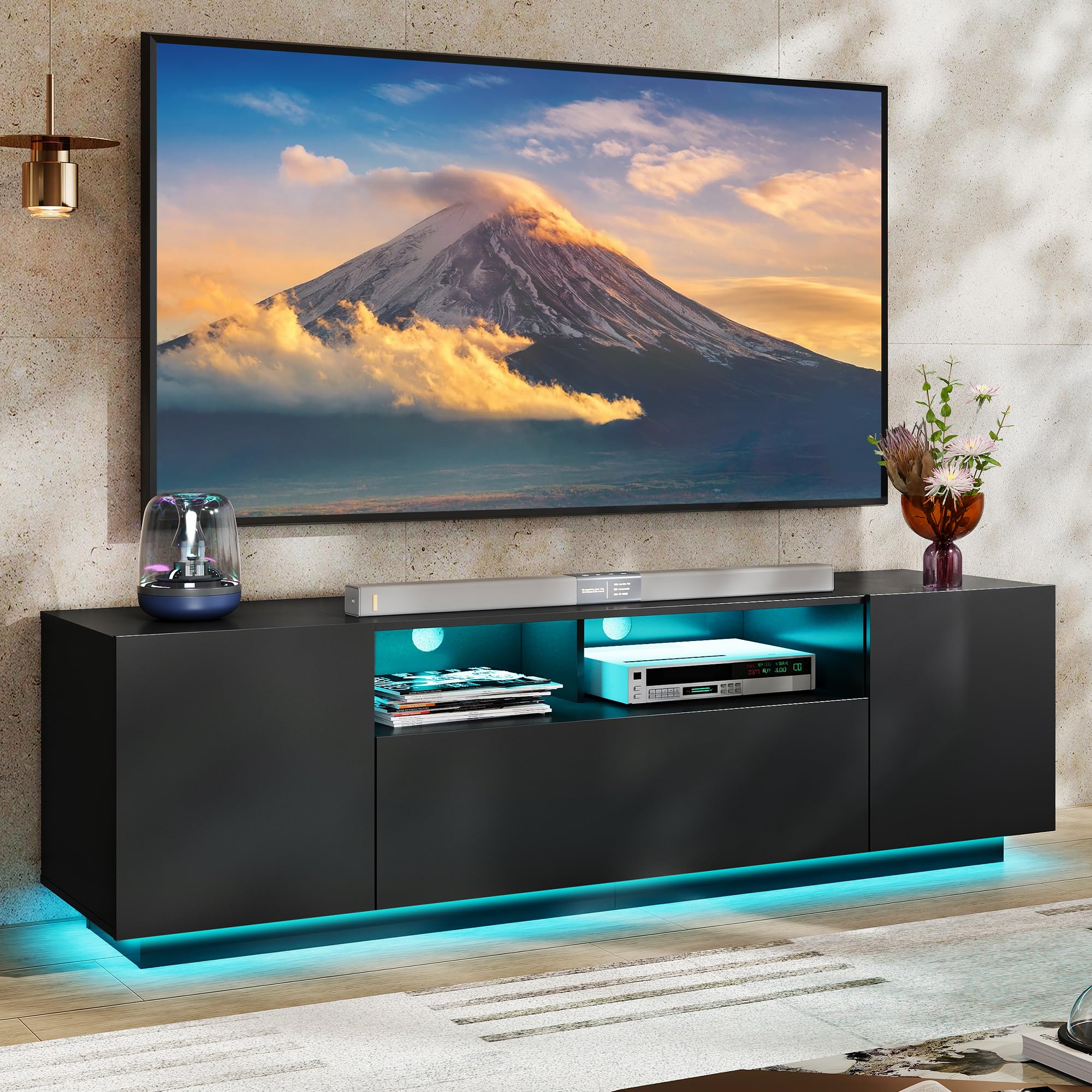 WLIVE LED TV Stand with storage cabinets in black finish