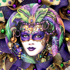 Woman Wearing Jester Mask Purple Background wreath detail
