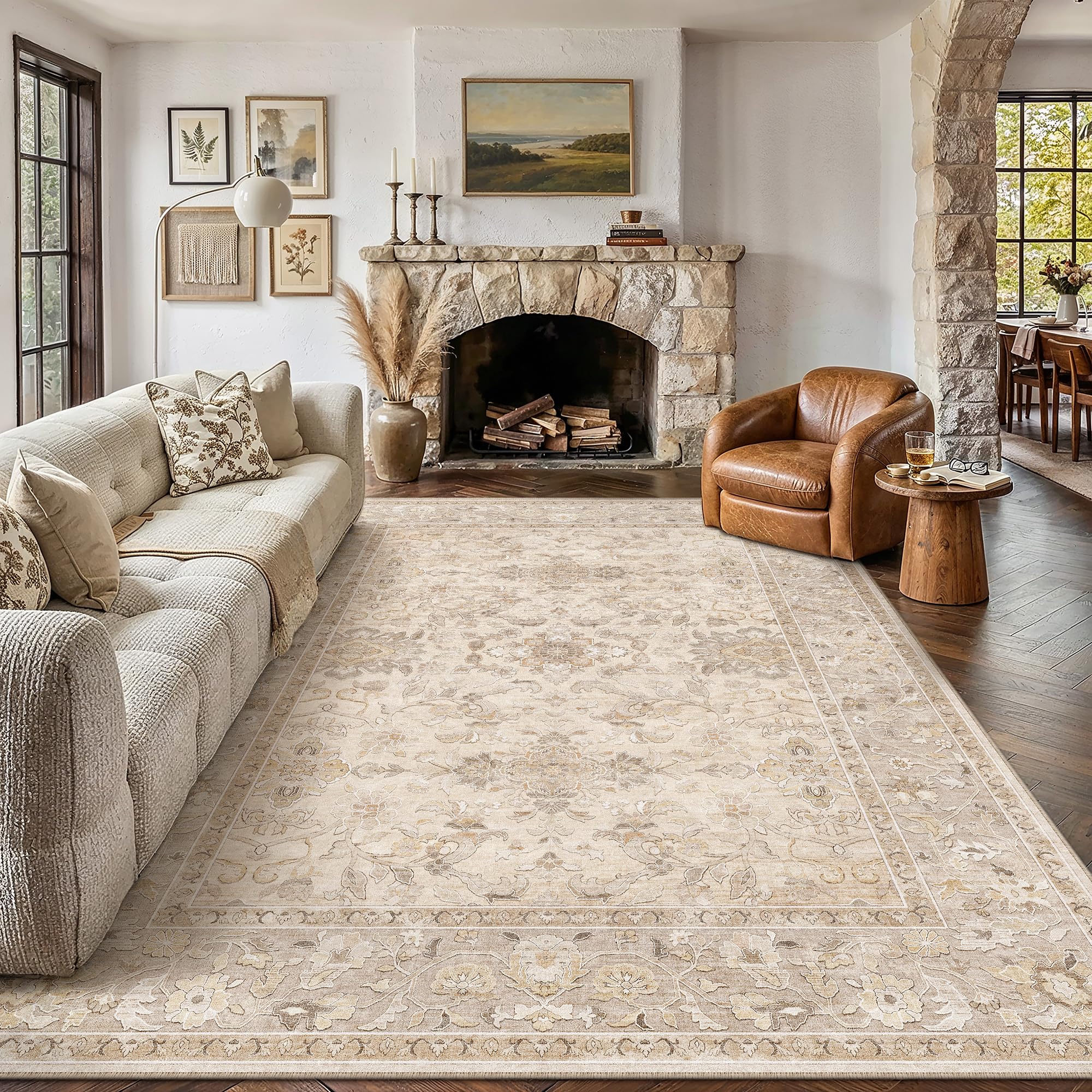 WondRg 8x10 beige washable area rug front view