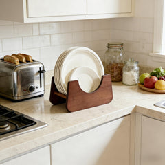 Bamboo Wood Foam Plate Storage Organizer on kitchen counter