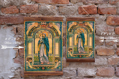 Compact religious art displayed on wood framed canvas