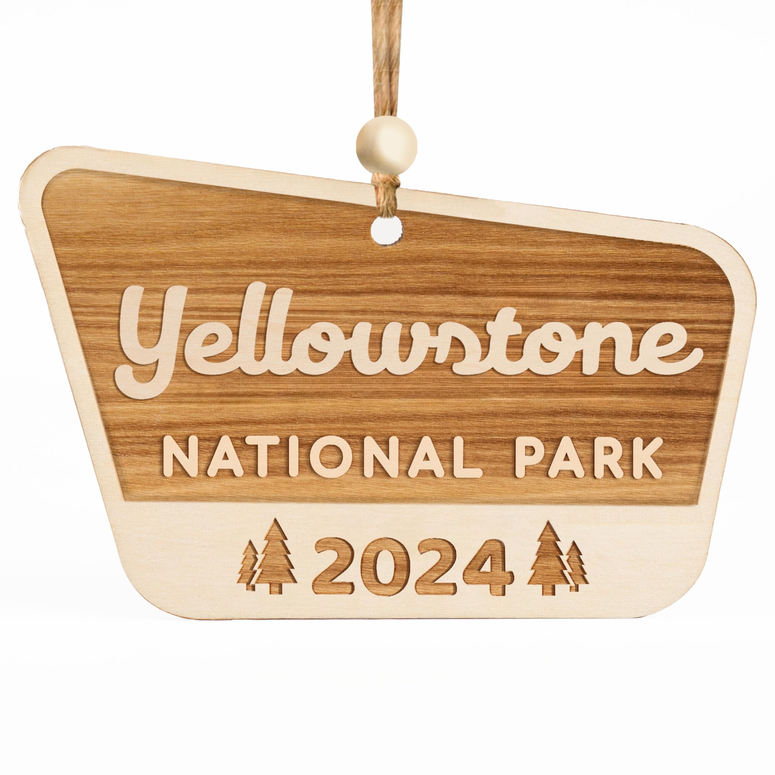 Wood National Park Ornament Yellowstone birch wood finish close up