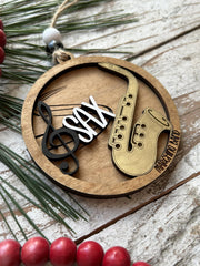 Two-layer laser cut engraved wood ornament with twine