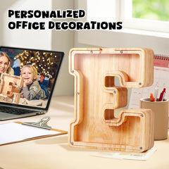 top entrance for coins and banknotes on wooden piggy bank