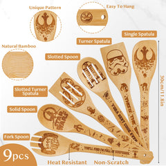 Nine piece bamboo spoons set including solid spoon and spatulas