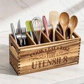 Wooden Cooking Utensil Holder Crock on kitchen countertop with four compartments