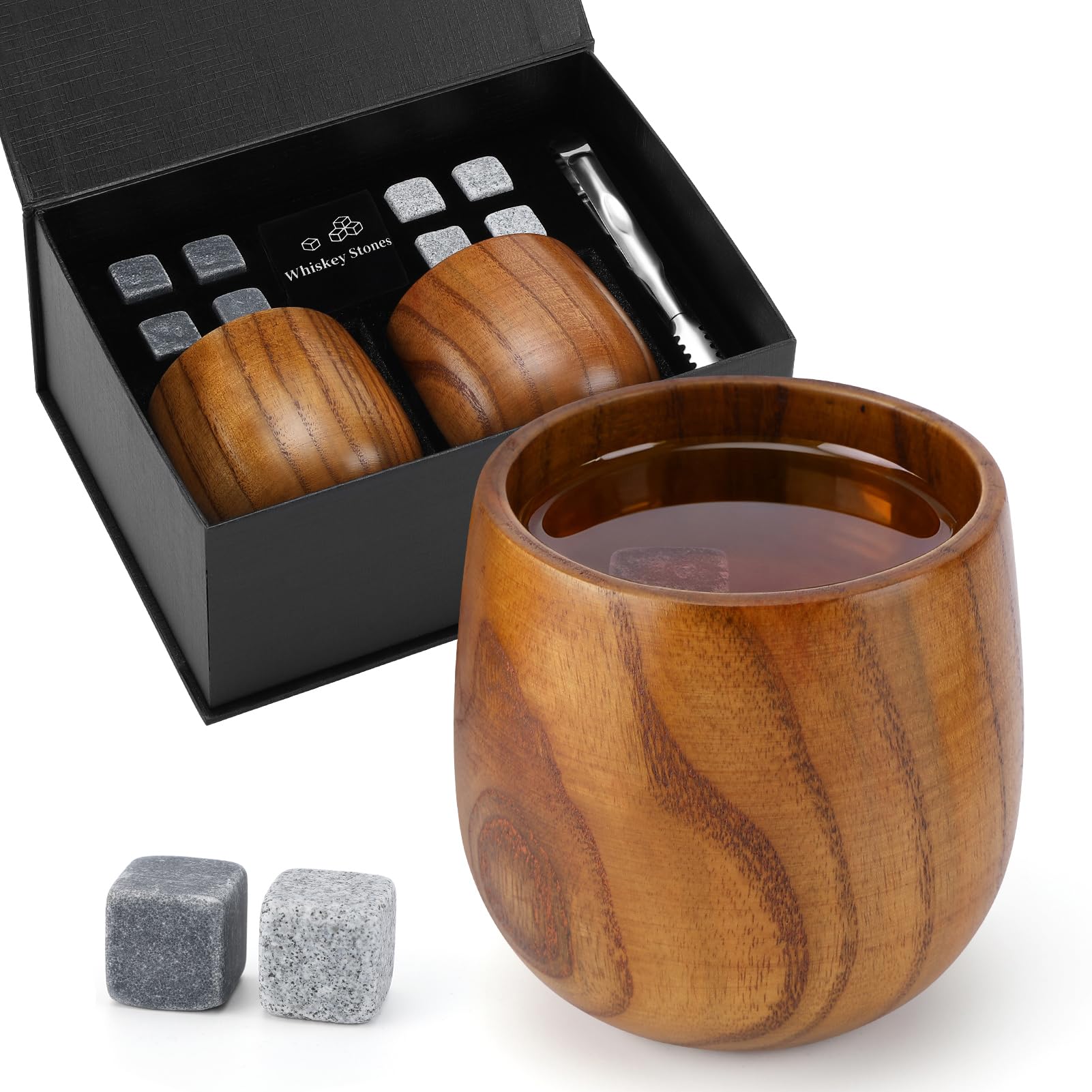 Two wooden 13.5 oz whiskey glasses included in the set