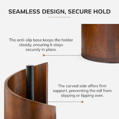 Wooden paper towel holder standing on a countertop in rustic style