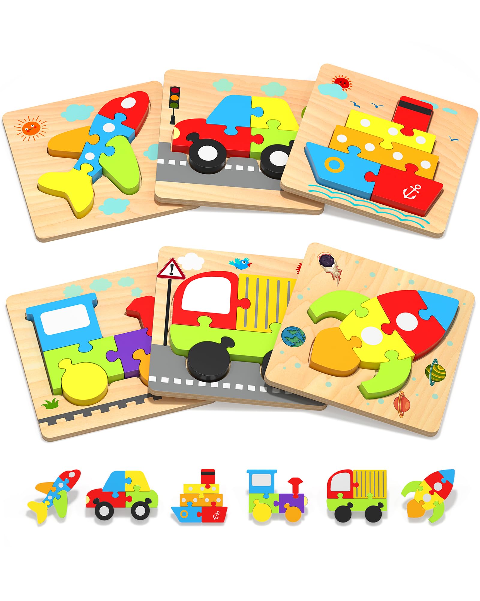 Chunky wooden puzzle pieces for toddlers ages 1-3 with vehicle shapes