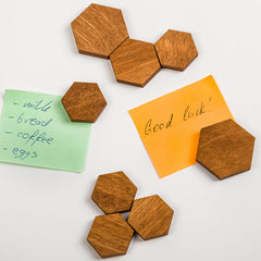 Brown hexagonal wooden refrigerator magnet 3.5 cm square pack of 12