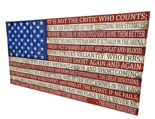 Wooden Rustic Style American Flag Man In The Arena Speech 19x37 image 1