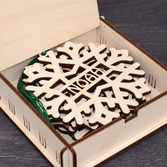 Wooden snowflake ornament with 4 inch size details
