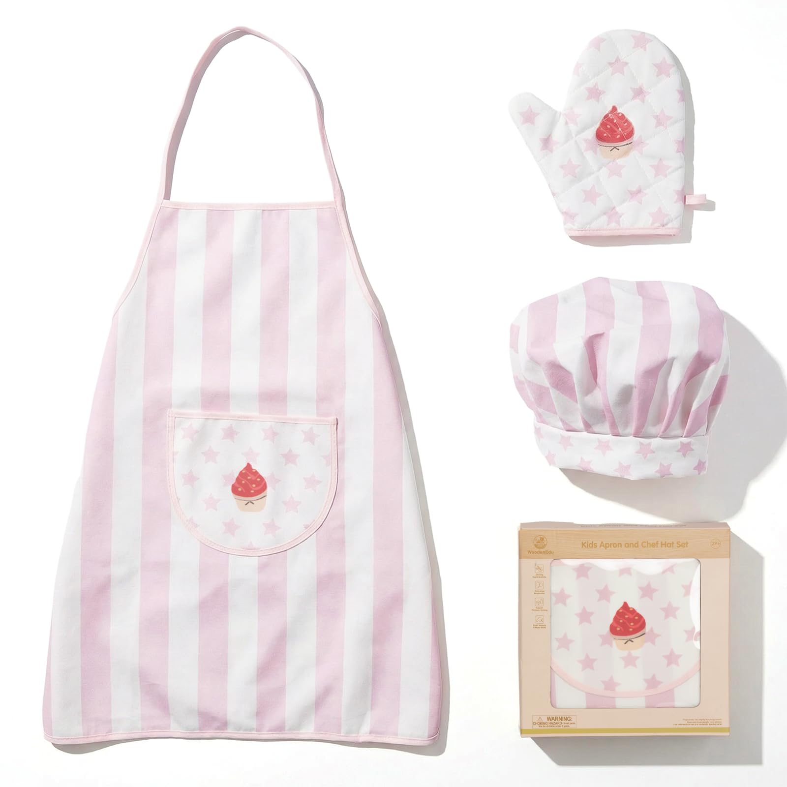 WoodenEdu kid apron set pink kitchen apron and chef hat