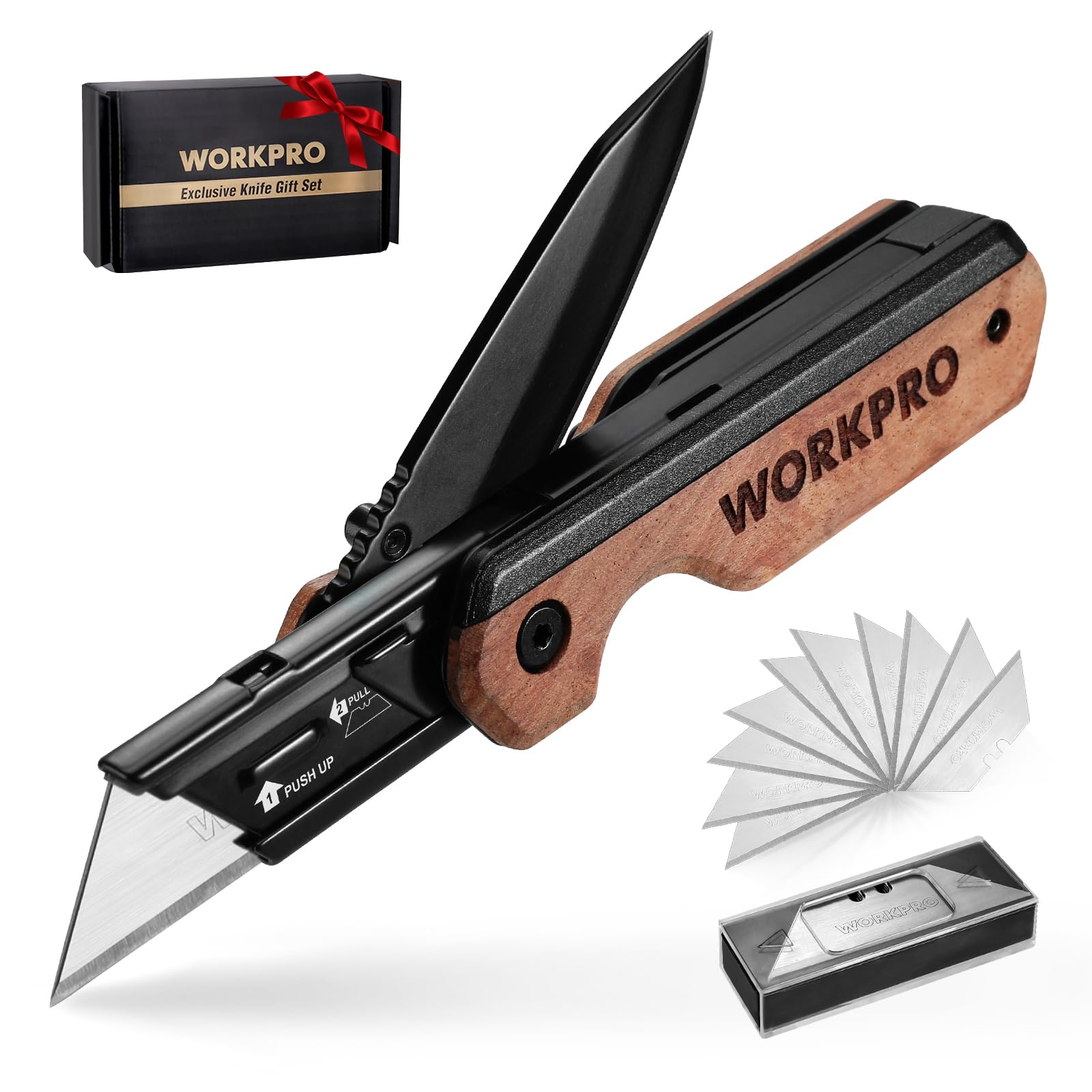 WORKPRO 2-in-1 folding knife with wood handle product image