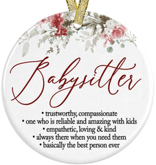 World's Best Babysitter Ever ornament in white ceramic size 3 inches