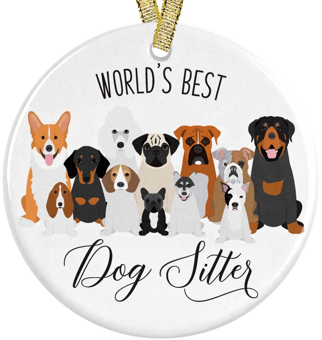 World's Best Dog Sitter Christmas Ornament 2025 ceramic ornament with red and gold ribbon