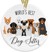 World's Best Dog Sitter Christmas Ornament 2025 ceramic ornament with red and gold ribbon