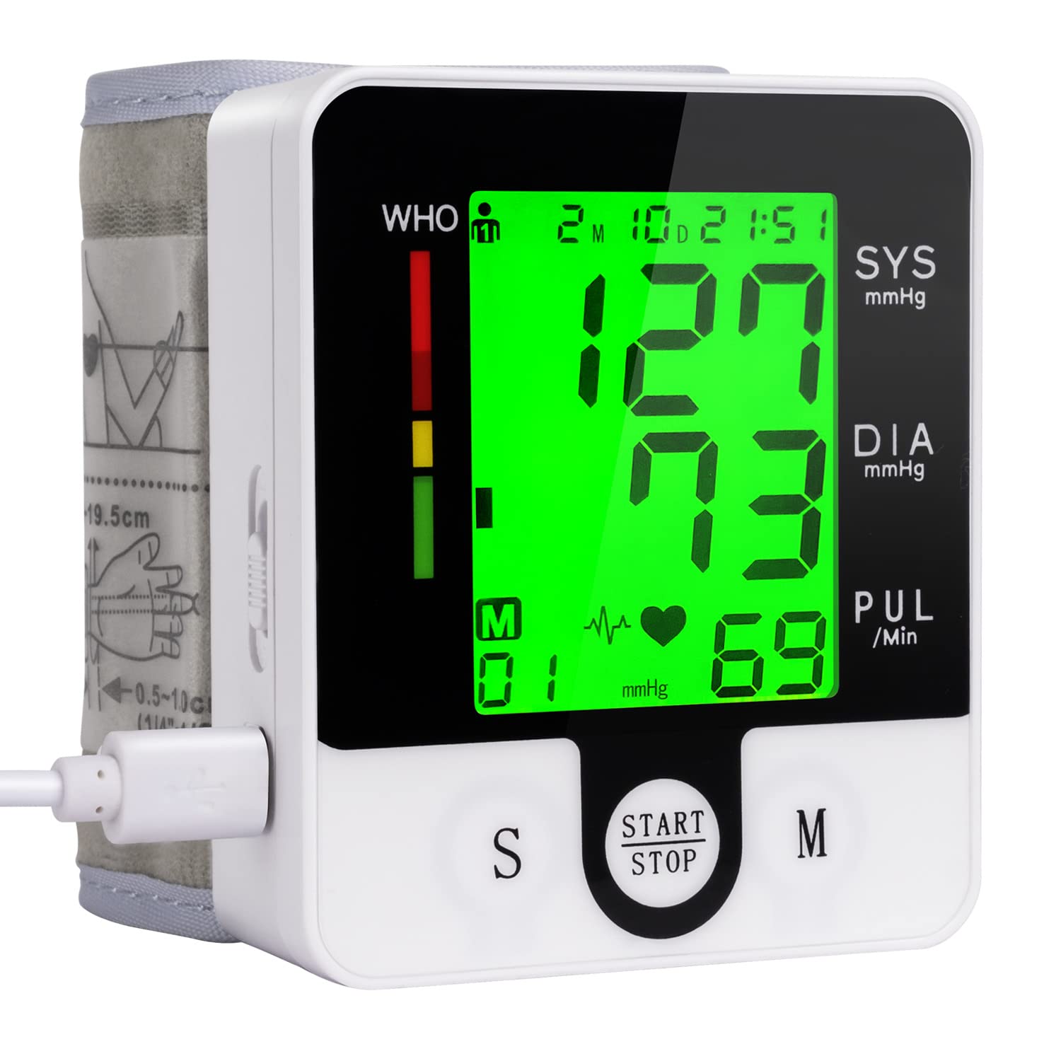 Wrist Blood Pressure Monitor home use front view with backlit display