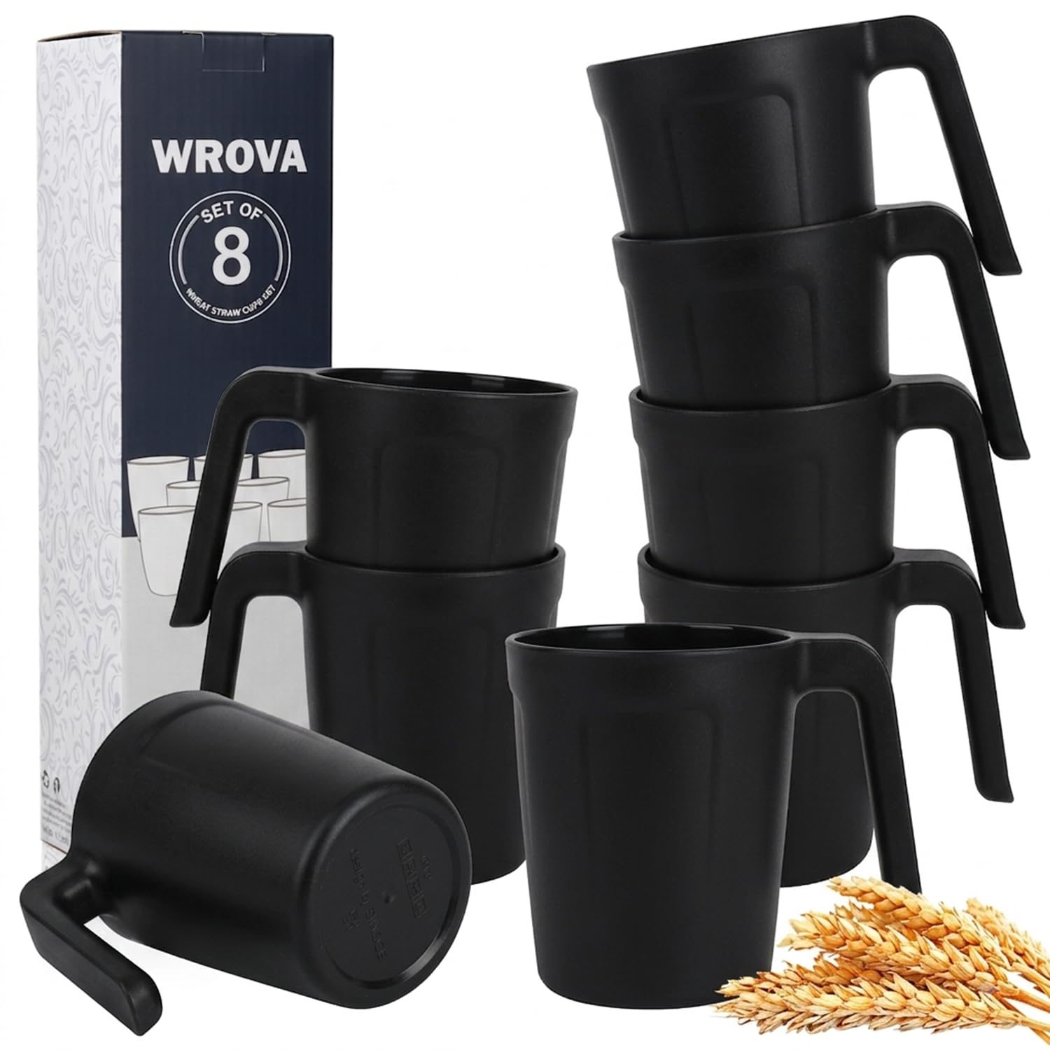 Wrova wheat straw coffee mugs set black 16 oz