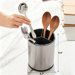 Three-compartment utensil holder drainage feature close-up