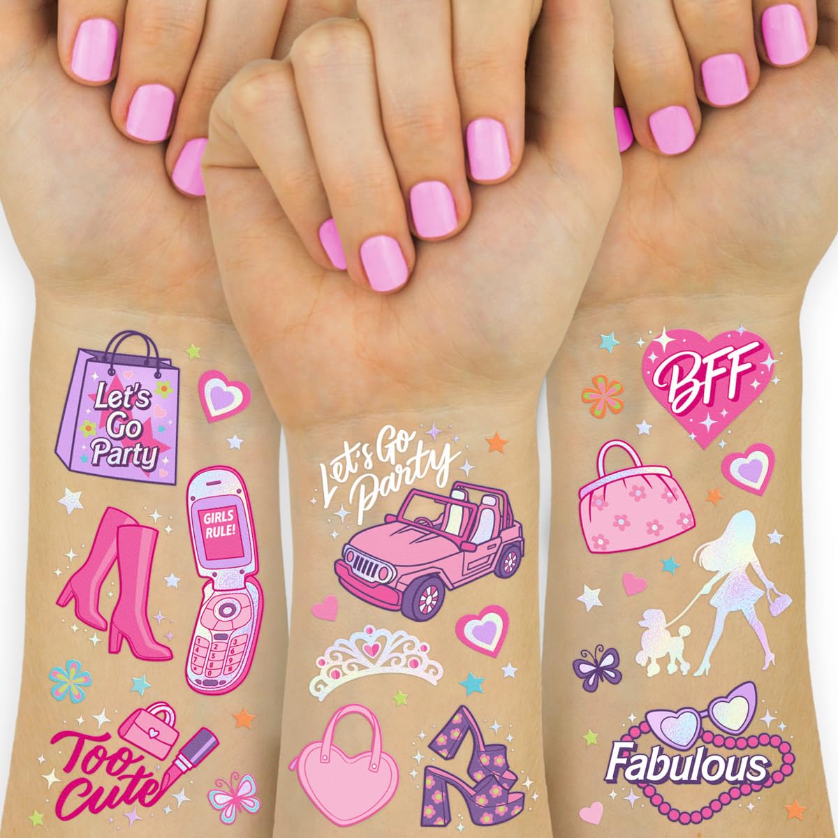 xo Fetti pink party temporary tattoos 84 designs on four sheets