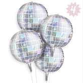 four pack of xo fetti iridescent disco ball foil balloons 22 inches