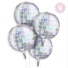 four pack of xo fetti iridescent disco ball foil balloons 22 inches