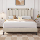 Yaheetech queen bed frame with USB charging station headboard side view
