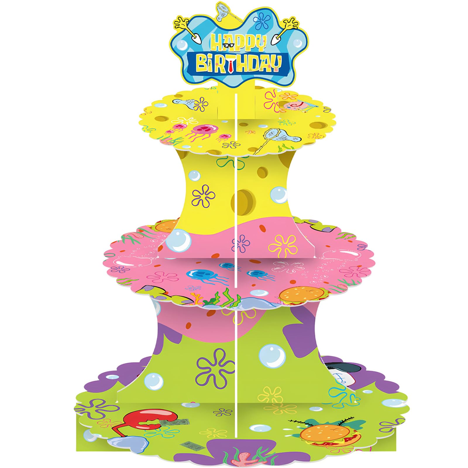 Yellow Birthday Cupcake Stand 3 Tier display on table