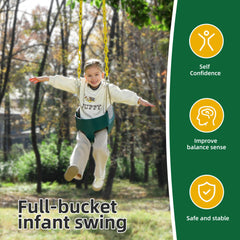 Fully assembled outdoor toddler swing ready to hang